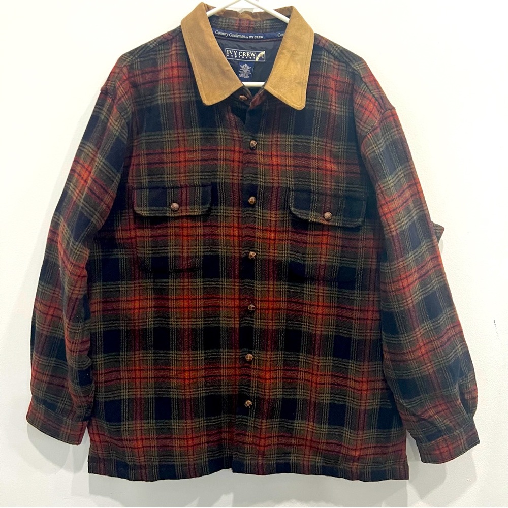 Vintage Ivy Crew Shirt Mens Burgundy/Brown Plaid Flannel Elbow Patch Size XL
